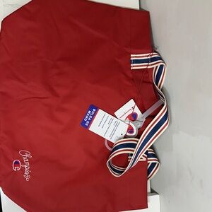 Champion Red Tote with Tricolored Striped Handles